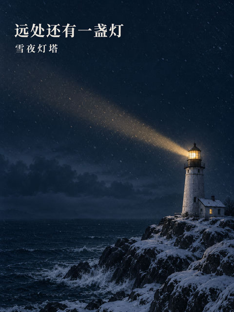 深蓝雪夜中的孤寂灯塔叙事海报 - AI图片提示词示例