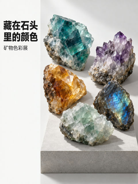 极简矿物色彩展艺术排版海报 - AI图片提示词示例