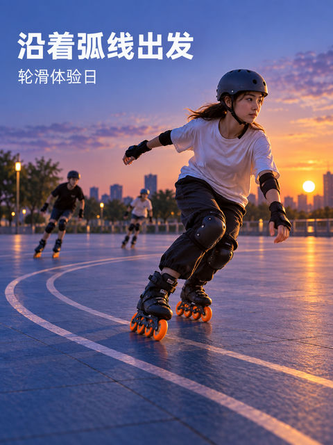 暮色广场轮滑体验日动感海报 - AI图片提示词示例