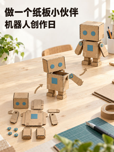 创意手工课：做一个纸板机器人小伙伴 - AI图片提示词示例