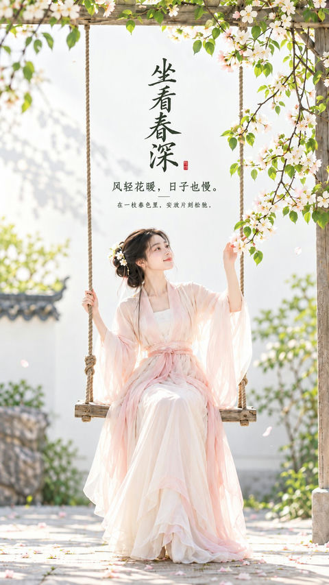 东方禅意极简女性审美秋千海报 - AI图片提示词示例