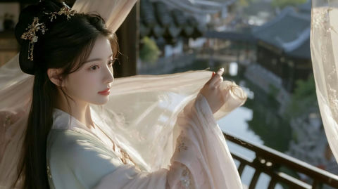 宋代少女临水楼阁卷帘清晨美学 - AI图片提示词示例