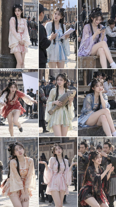 20岁中国Q萌美女性感短裙汉服影城跑龙套 - AI图片提示词示例
