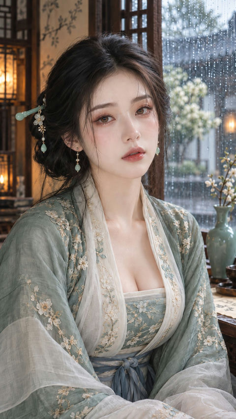 古风雨日青瓷美妆人像 - AI图片提示词示例