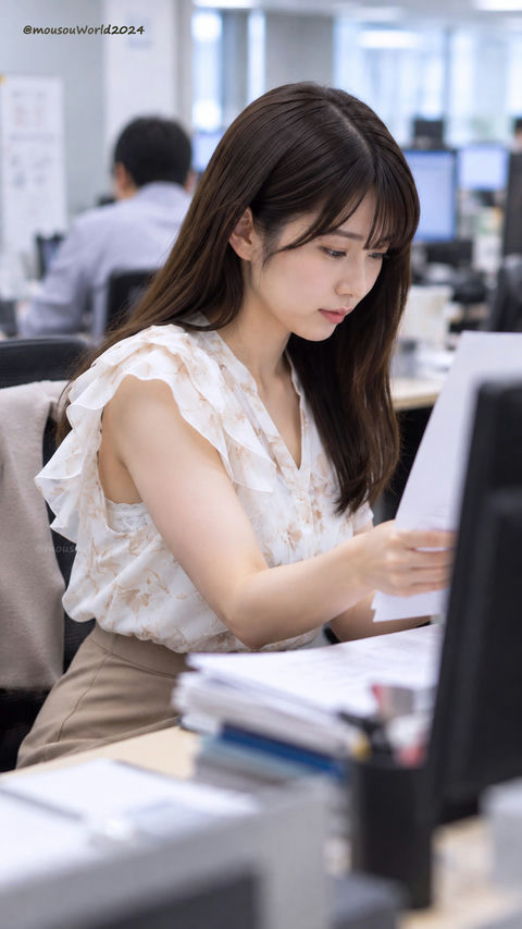 办公室女性工作侧拍特写 - AI图片提示词示例