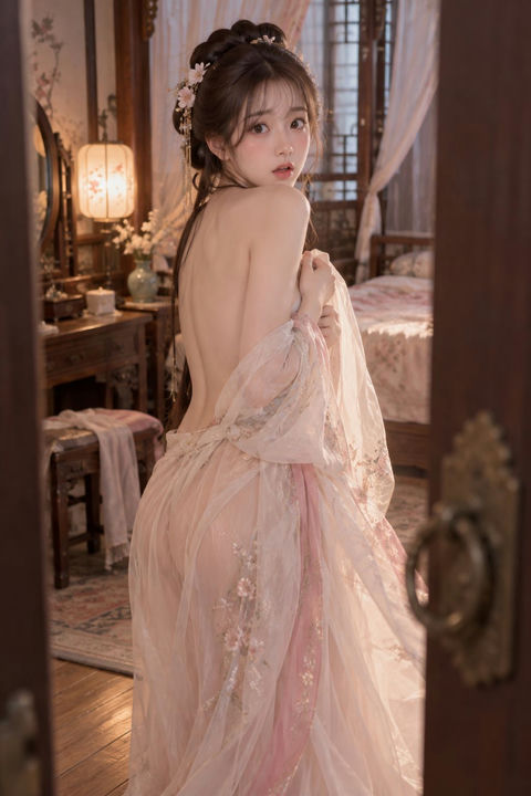 中國Q萌美女亮黑薄紗漢服裸背 - AI图片提示词示例