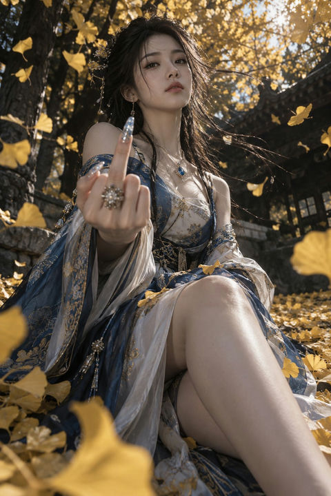 银杏叶间的黑色电影风格现代汉服女性 - AI图片提示词示例