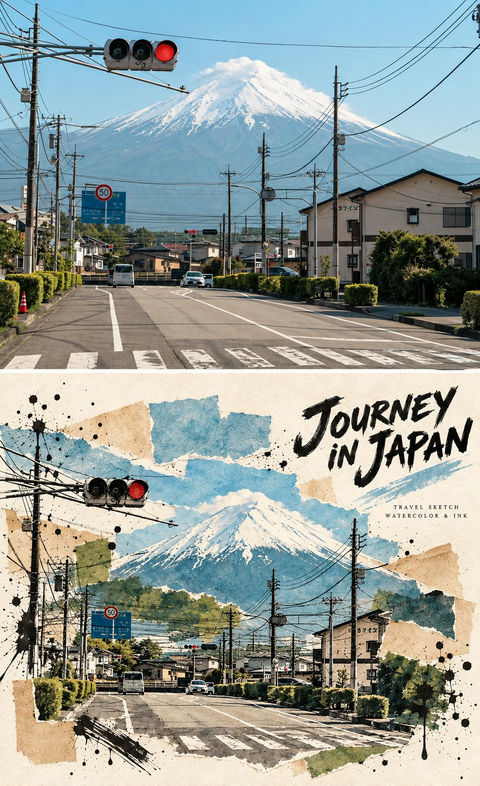 竖向对比旅行转绘泼墨拼贴海报 - AI图片提示词示例