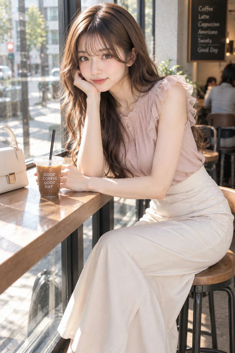 咖啡馆窗边日本女性写实人像 - AI图片提示词示例