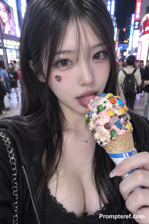 夜晚都市街头吃冰淇淋的甜酷女孩自拍 - AI图片提示词示例