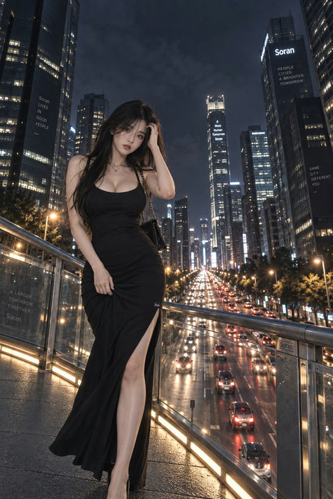 都市夜晚孤独女性写实人像 - AI图片提示词示例