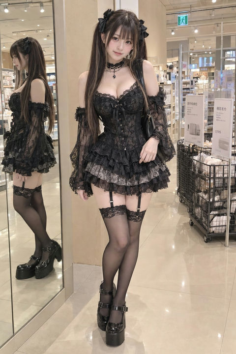 哥特洛丽塔风格东亚女性商场全身像 - AI图片提示词示例