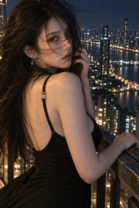 都市夜景背身回眸写实女性人像 - AI图片提示词示例
