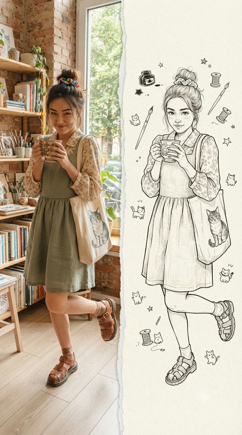 撕纸效果写实人像与线稿插画对比 - AI图片提示词示例