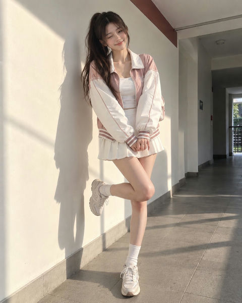 室内极简拼色风衣少女时尚人像 - AI图片提示词示例