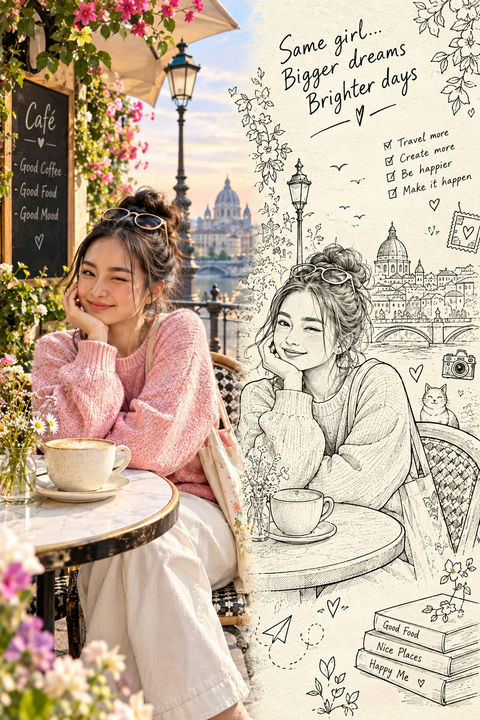 东亚女性分屏实拍与水墨线稿对比 - AI图片提示词示例