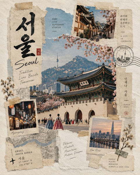 极简日系和纸胶带地标旅行手账拼贴 - AI图片提示词示例