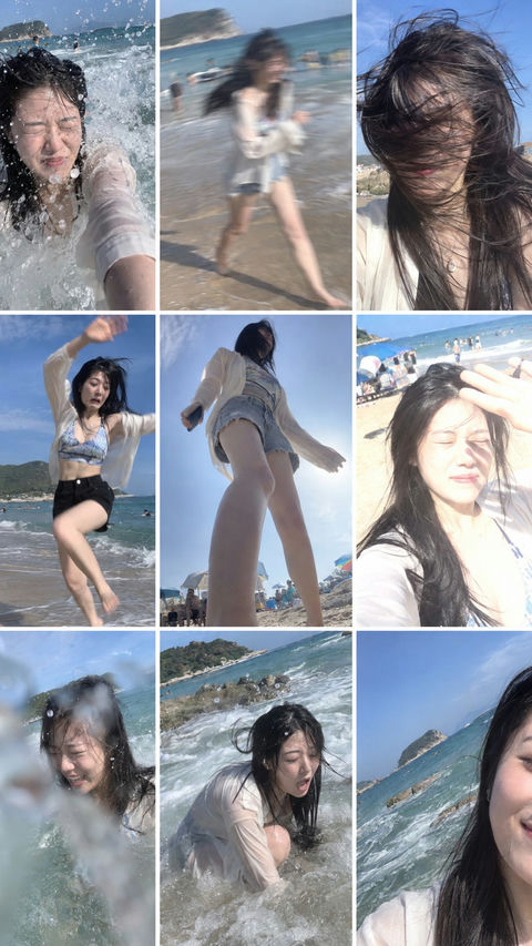 海边戏水失败照片九宫格 - AI图片提示词示例