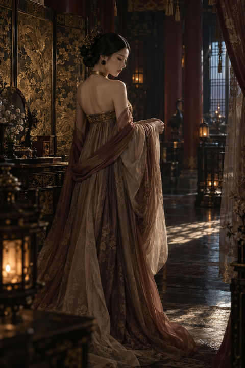 盛唐宫廷高定摄影：暗调杏色襦裙与金雕屏风 - AI图片提示词示例