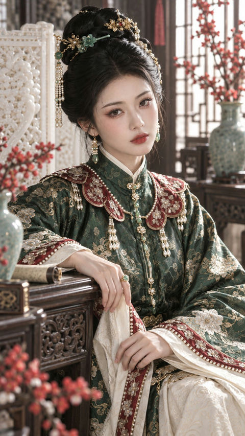 古风高对比翡翠胭脂贵女美妆 - AI图片提示词示例