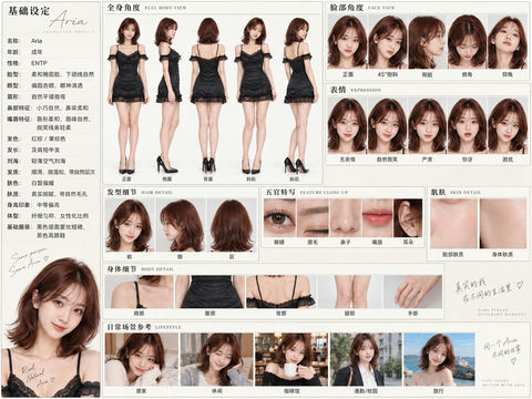 AI美女角色固定参考图集生成 - AI图片提示词示例