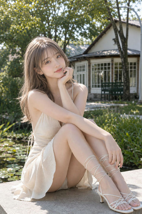 庭院树影与象牙白裙少女 - AI图片提示词示例