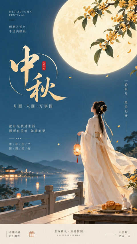 东方禅意极简中秋古风女子望月海报 - AI图片提示词示例