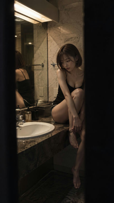 昏暗大理石浴室中的忧郁日本女性写实人像 - AI图片提示词示例