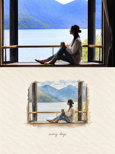 怀旧简约日系剪贴簿照片转插画 - AI图片提示词示例