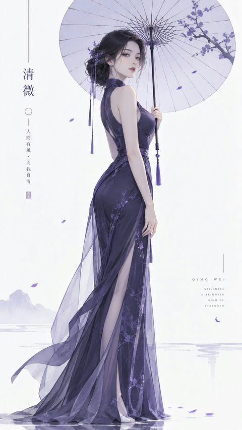 东方女性极简纸伞人像插画 - AI图片提示词示例