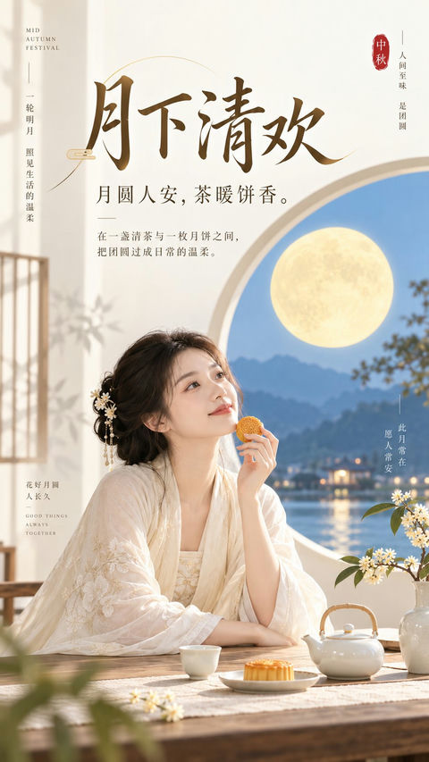 东方禅意极简中秋生活美学封面海报 - AI图片提示词示例