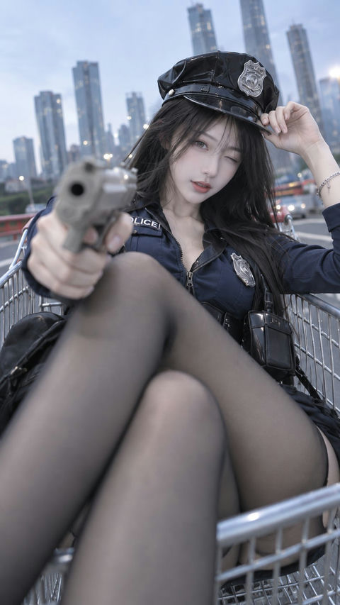冷调城市写真购物车制服少女摄影 - AI图片提示词示例