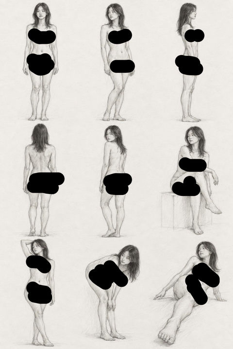 日本美术大学生命素描女性人体速写 - AI图片提示词示例