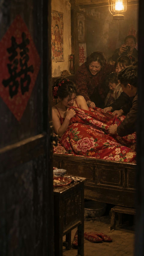 纪实抓拍红色婚纱新娘老式木床 - AI图片提示词示例