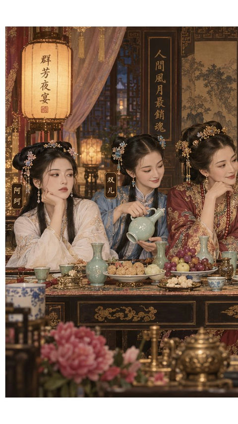 鹿鼎记群芳夜宴清代工笔人物群像 - AI图片提示词示例