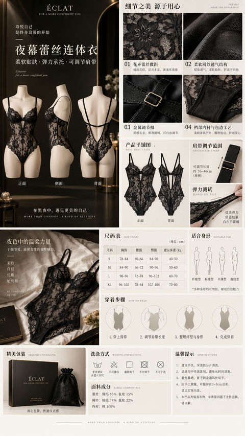 黑曜石金质感法式蕾丝内衣高端电商详情页设计 - AI图片提示词示例