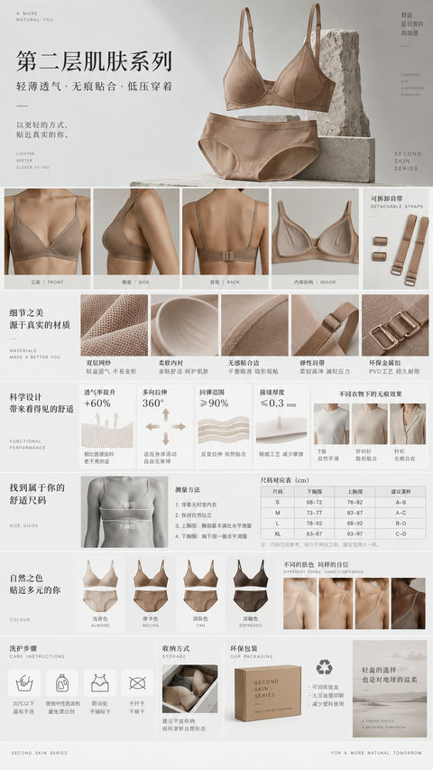 极简主义摩卡色网纱内衣技术型产品海报 - AI图片提示词示例