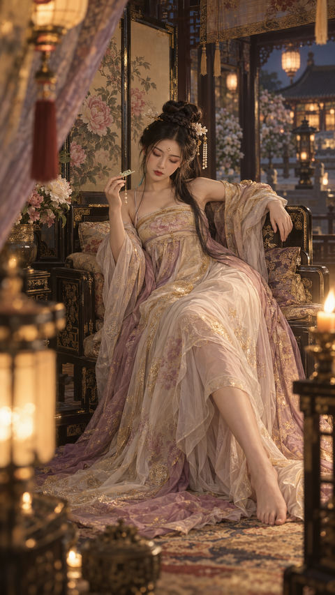 盛唐夜宴余韵：牡丹亭中解簪的慵懒宫妃 - AI图片提示词示例