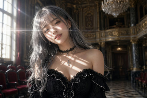 华丽歌剧院中的银发哥特风美女 - AI图片提示词示例