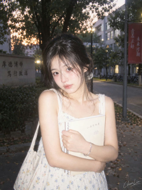 夏末校园暮色碎花裙少女青春纪实 - AI图片提示词示例
