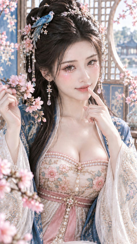 古风撞色美妆女主春日桃花特写 - AI图片提示词示例