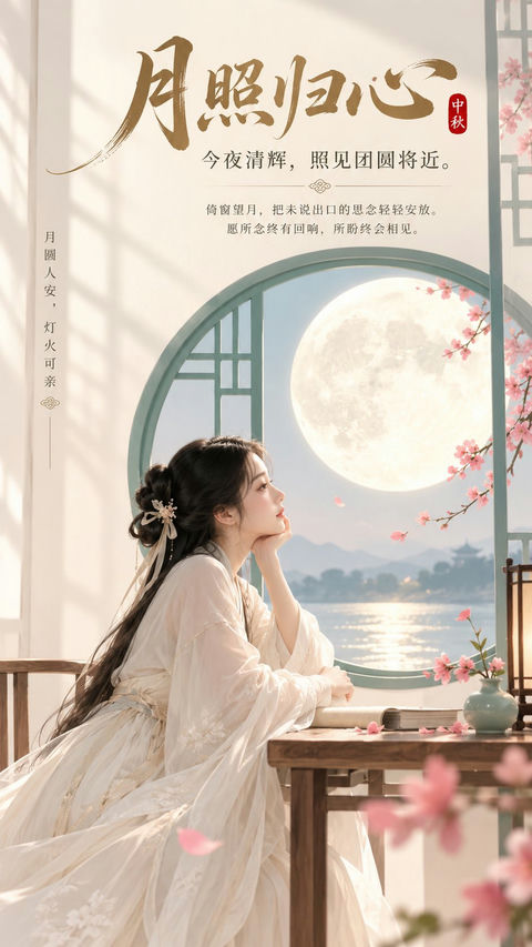 东方禅意极简中秋女性向封面海报 - AI图片提示词示例