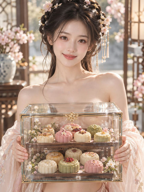 古风可爱少女手持透明玻璃盒宣传照 - AI图片提示词示例