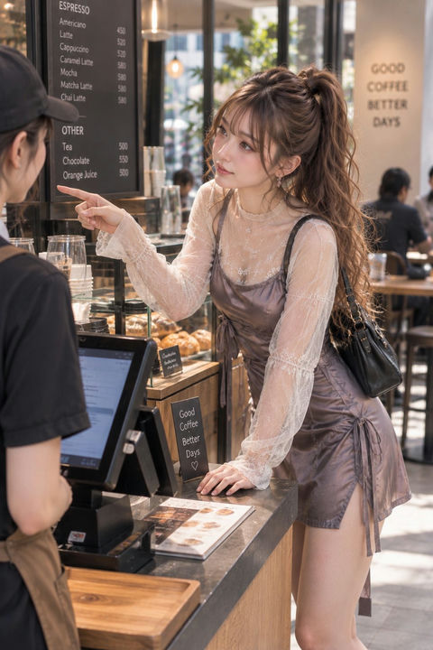 日系女性咖啡馆生活街拍提示词 - AI图片提示词示例