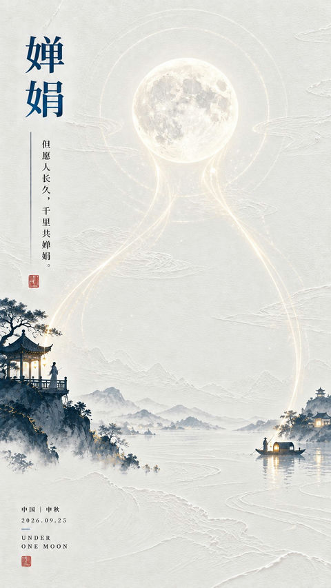 东方诗意月影流光留白海报设计 - AI图片提示词示例