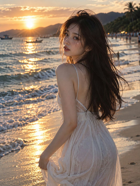 海边夕阳回眸亚洲女性写实人像 - AI图片提示词示例