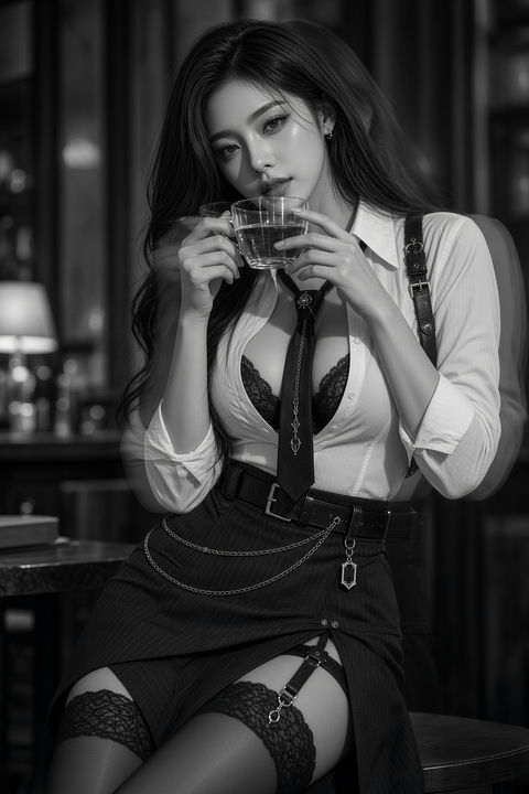 咖啡馆环境肖像东亚女性黑白人像 - AI图片提示词示例