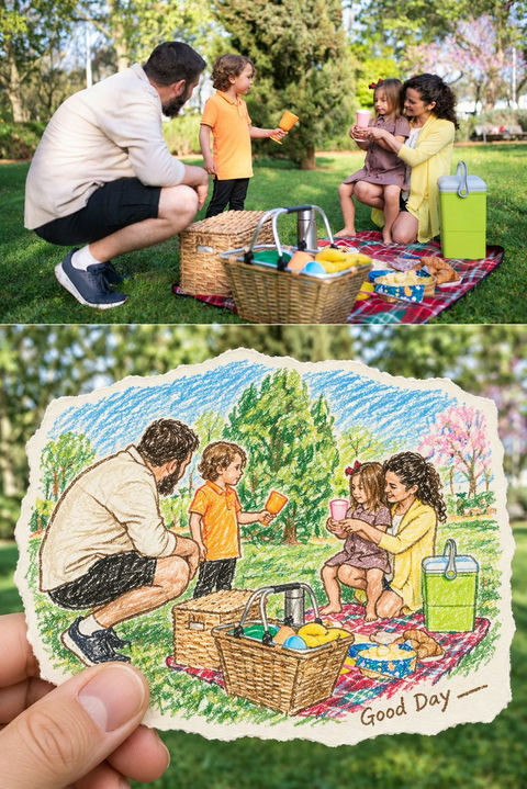 实景背景手持手工蜡笔卡片画中画 - AI图片提示词示例