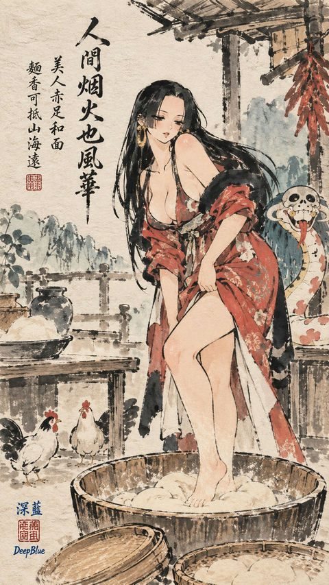 丰子恺风格水墨漫画宣纸印章 - AI图片提示词示例