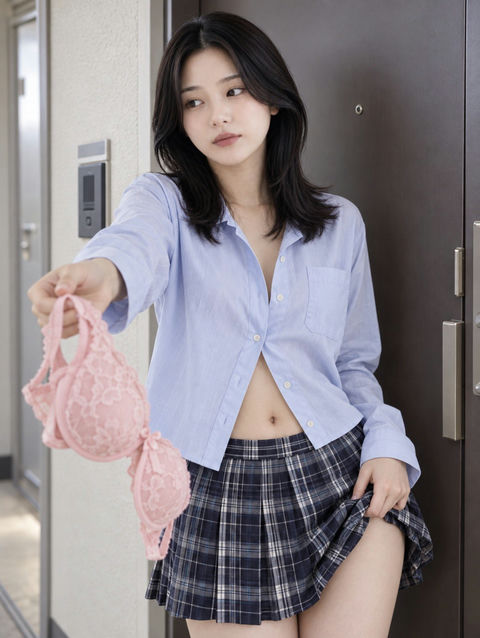 玄关前递出PeachJohn的浅蓝衬衫少女 - AI图片提示词示例